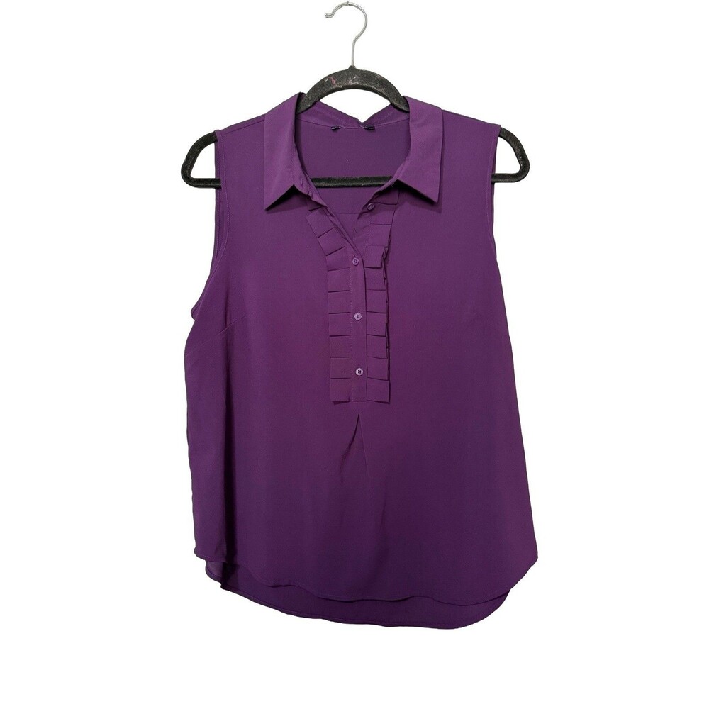 Women’s Sleeveless Ruffle Front Blouse Purple Collared Stretch Career Top L